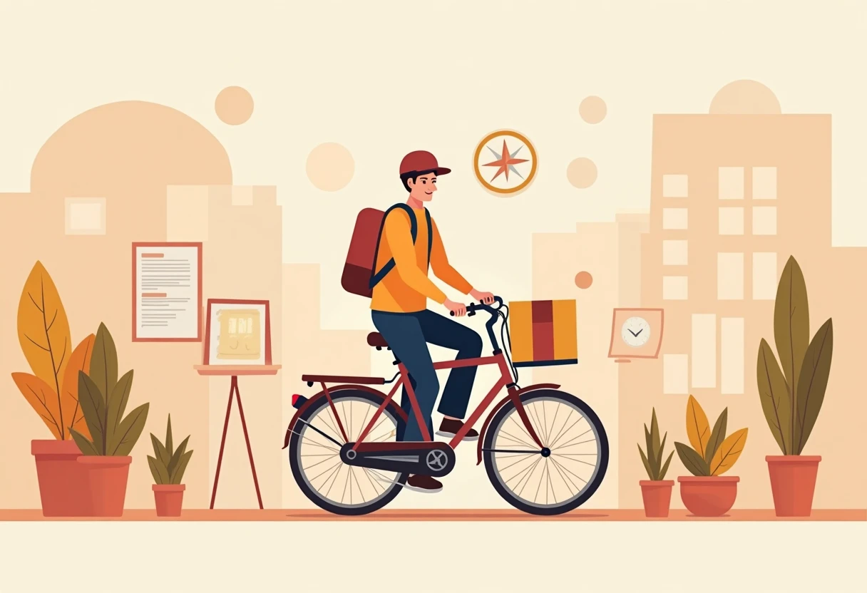 A delivery person on a bicycle in an urban setting
