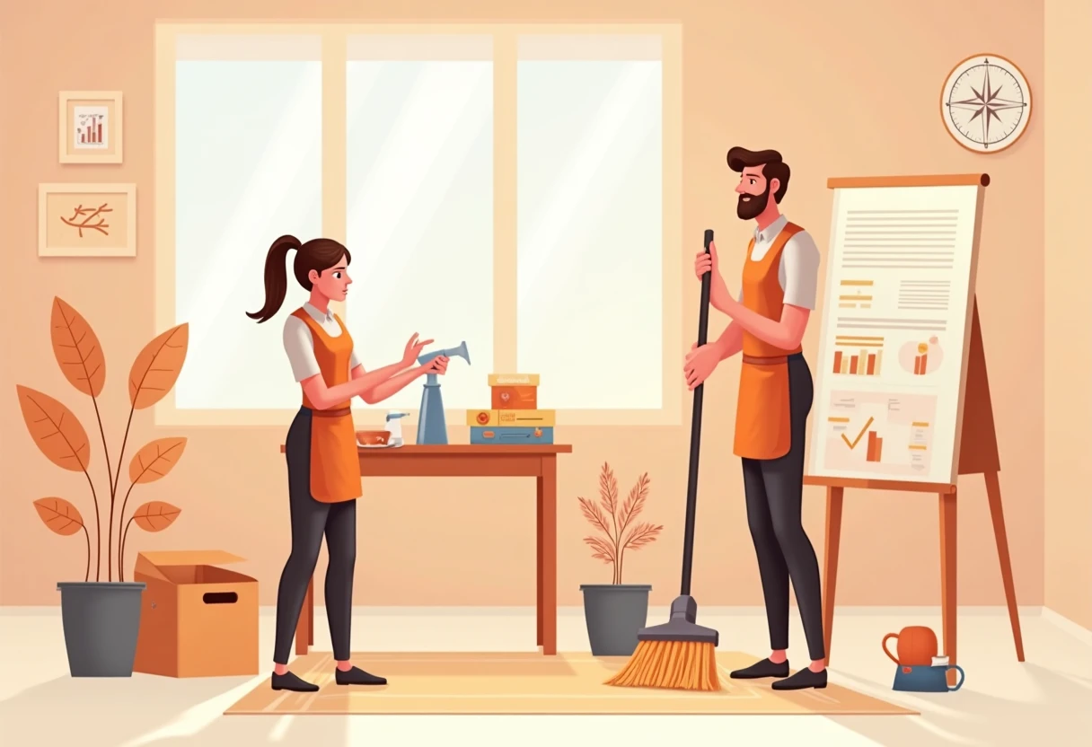 Professional cleaning worker organizing supplies